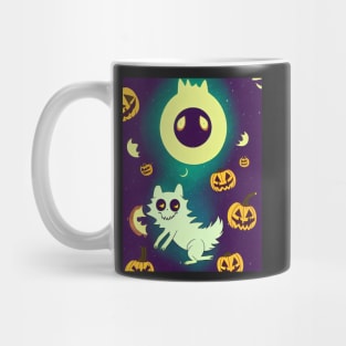 halloween ghost cat with pumpkins Mug